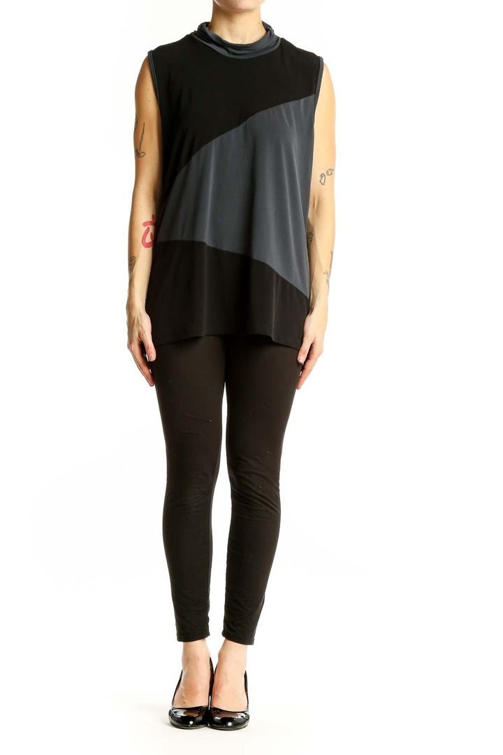 Front view of Lane Bryant black and gray color block sleeveless top with cowl neck