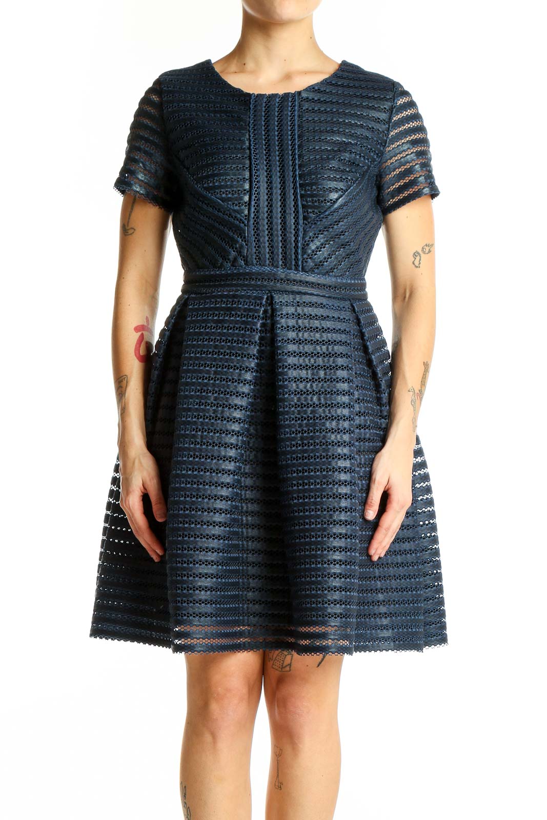 Front view of Aqua navy textured fit-and-flare dress