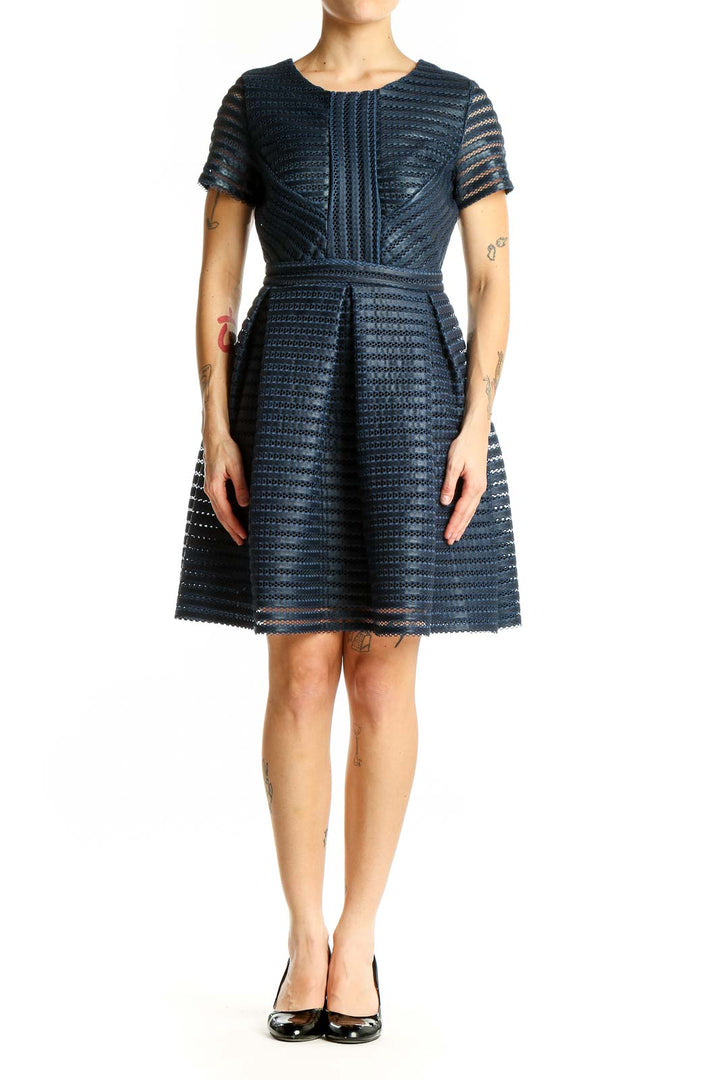 Front view of Aqua navy textured fit-and-flare dress