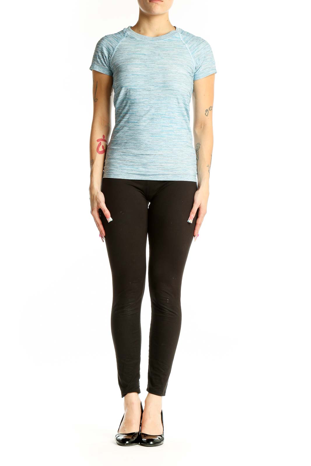 Front view of Athleta light blue heathered performance t-shirt on model