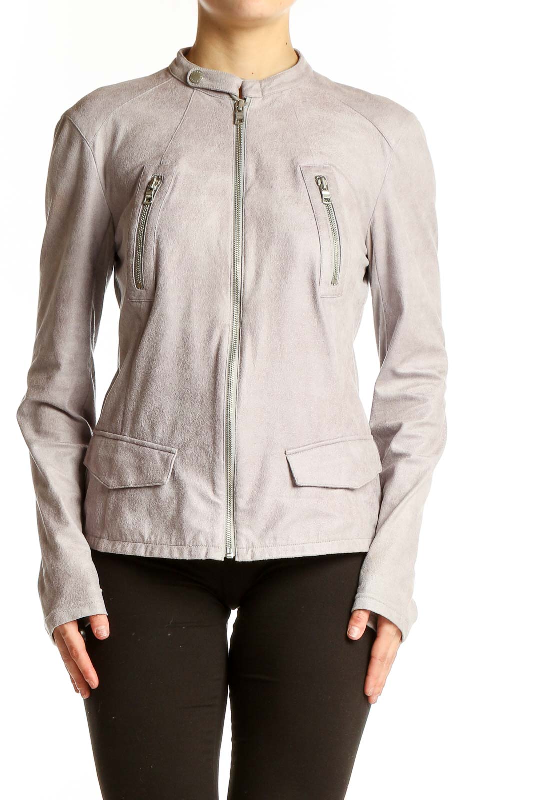 Front view of Armani Exchange light gray suede moto jacket