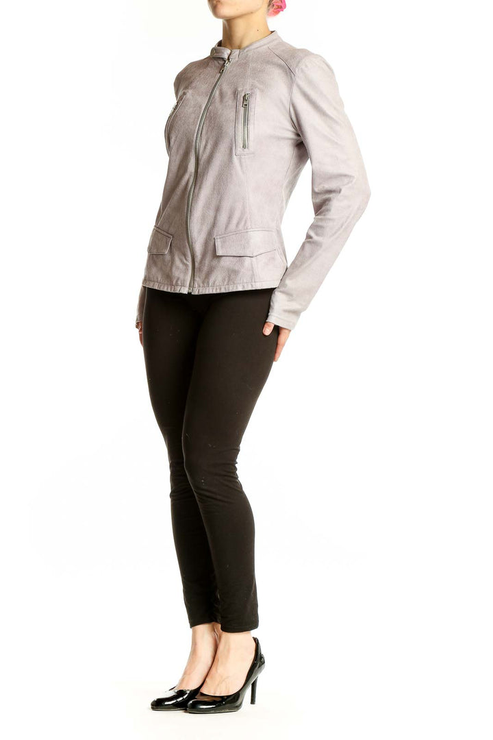 Front view of Armani Exchange light gray suede moto jacket