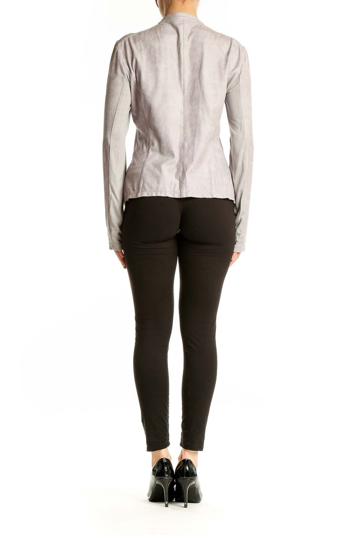 Side view of Armani Exchange light gray suede moto jacket on model