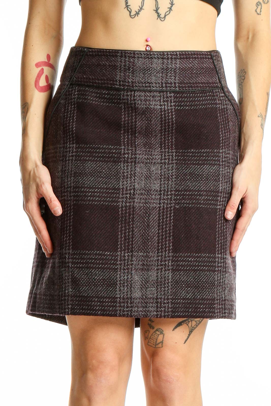 Front view of Ann Taylor LOFT brown plaid mini skirt with side pockets