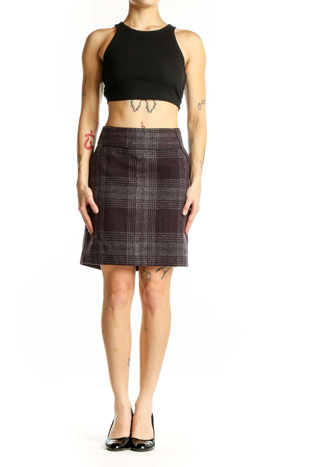 Front view of Ann Taylor LOFT brown plaid mini skirt with side pockets
