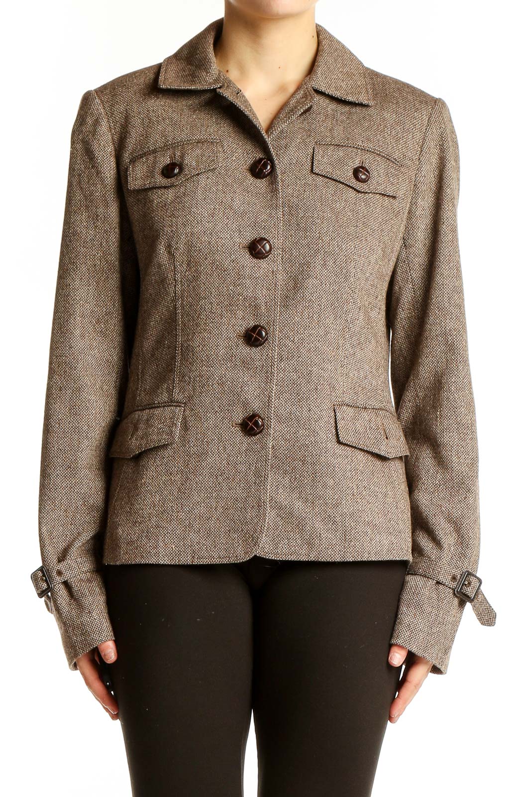 Front view of Ann Taylor LOFT brown tweed blazer jacket