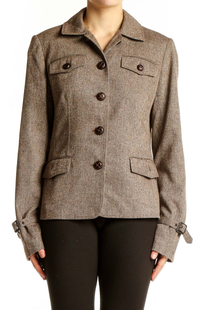 Front view of Ann Taylor LOFT brown tweed blazer jacket