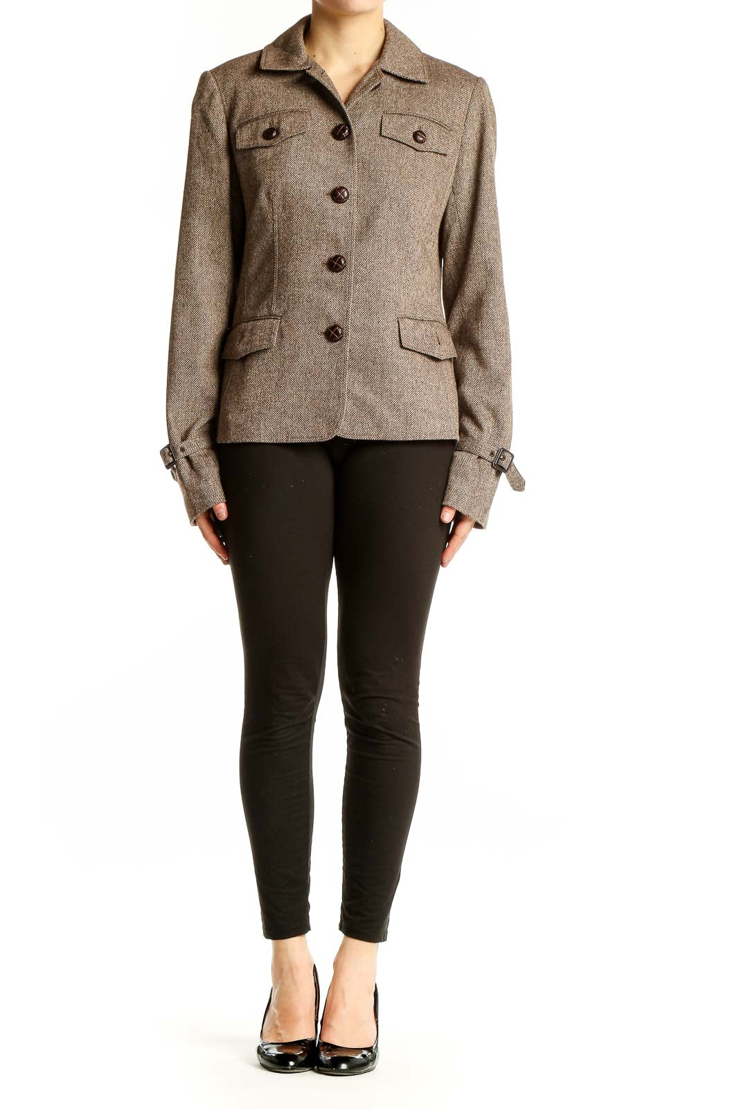 Front view of Ann Taylor LOFT brown tweed blazer jacket