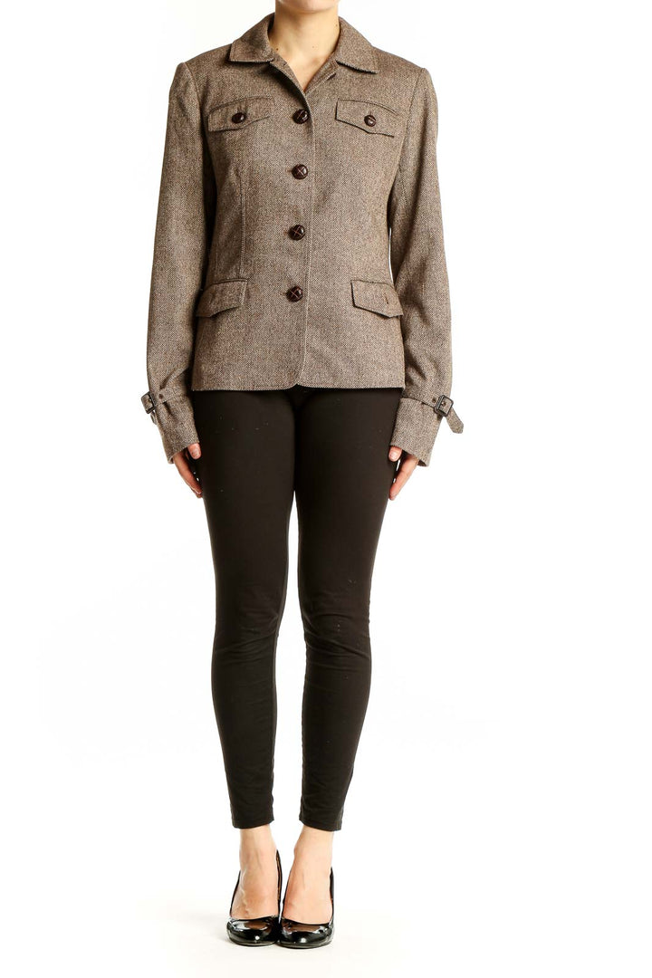 Front view of Ann Taylor LOFT brown tweed blazer jacket