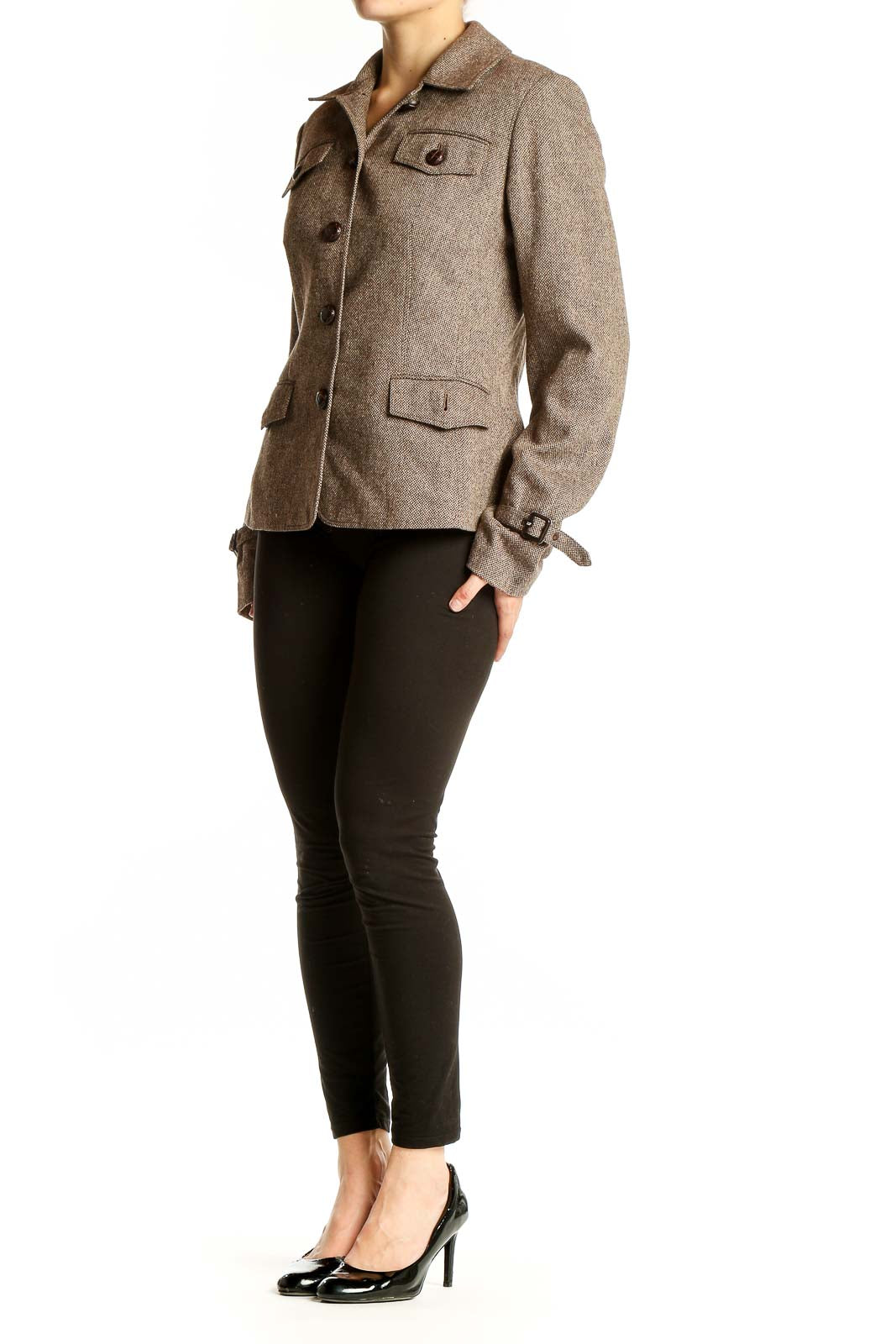 Front view of Ann Taylor LOFT brown tweed blazer jacket