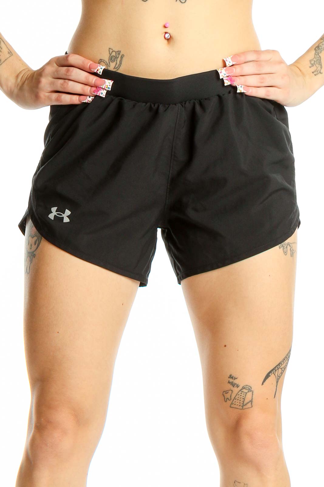 Front view of black Under Armour athletic shorts