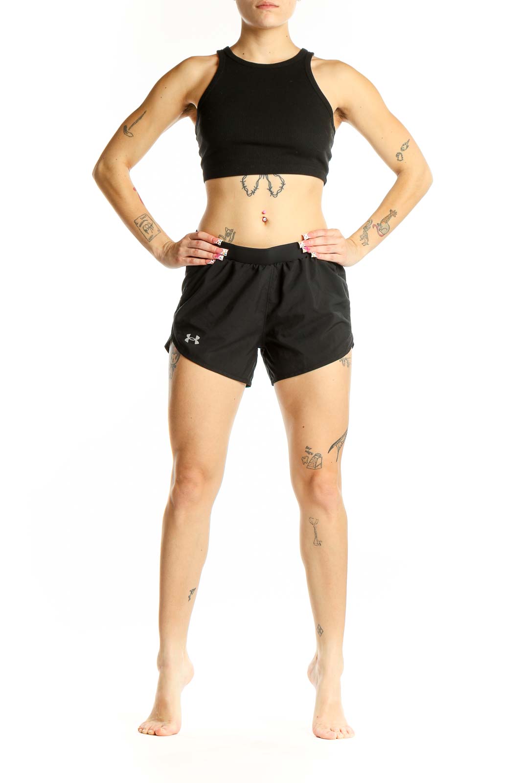 Front view of black Under Armour athletic shorts