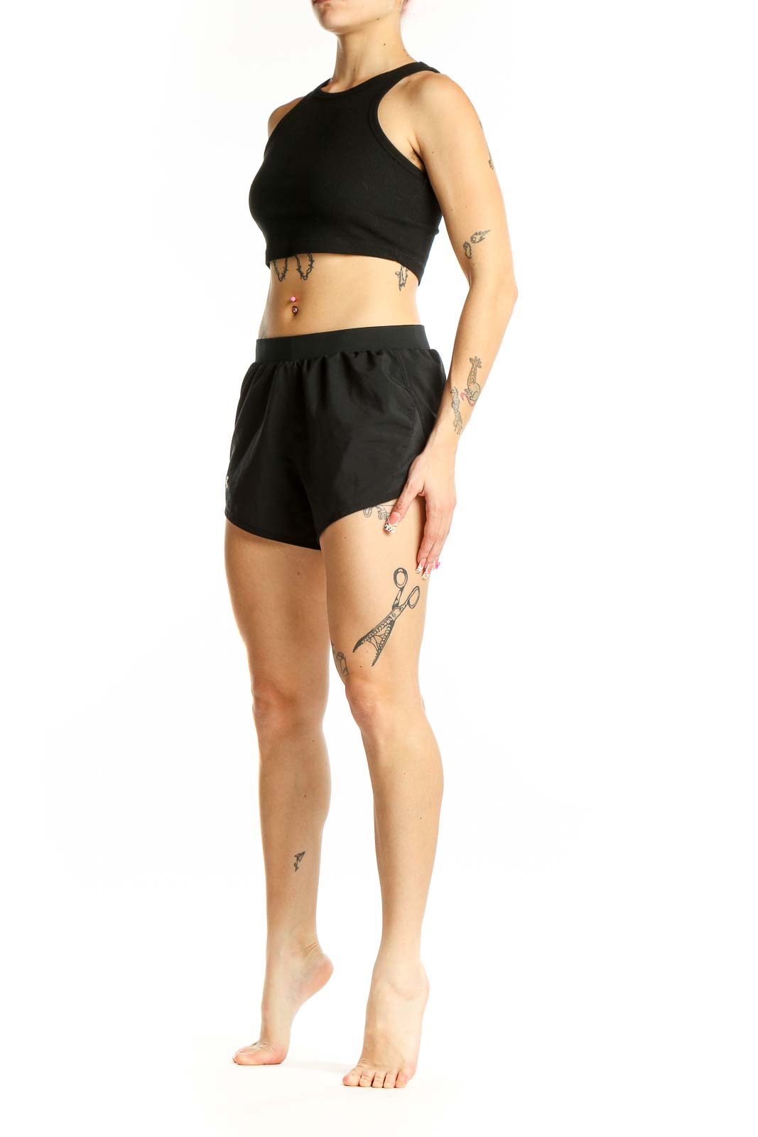 Front view of black Under Armour athletic shorts