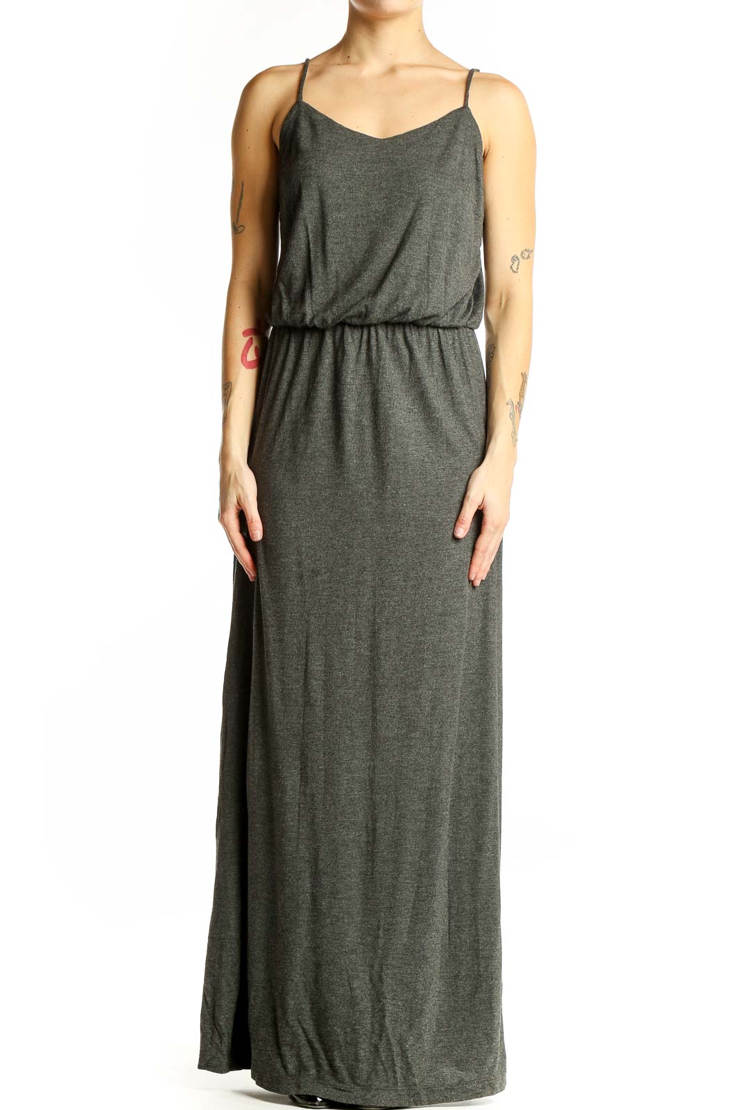 Front view of charcoal gray Gap rayon maxi dress with spaghetti straps