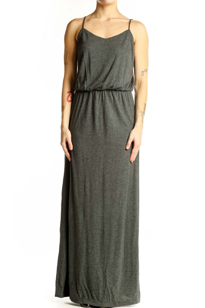 Front view of charcoal gray Gap rayon maxi dress with spaghetti straps