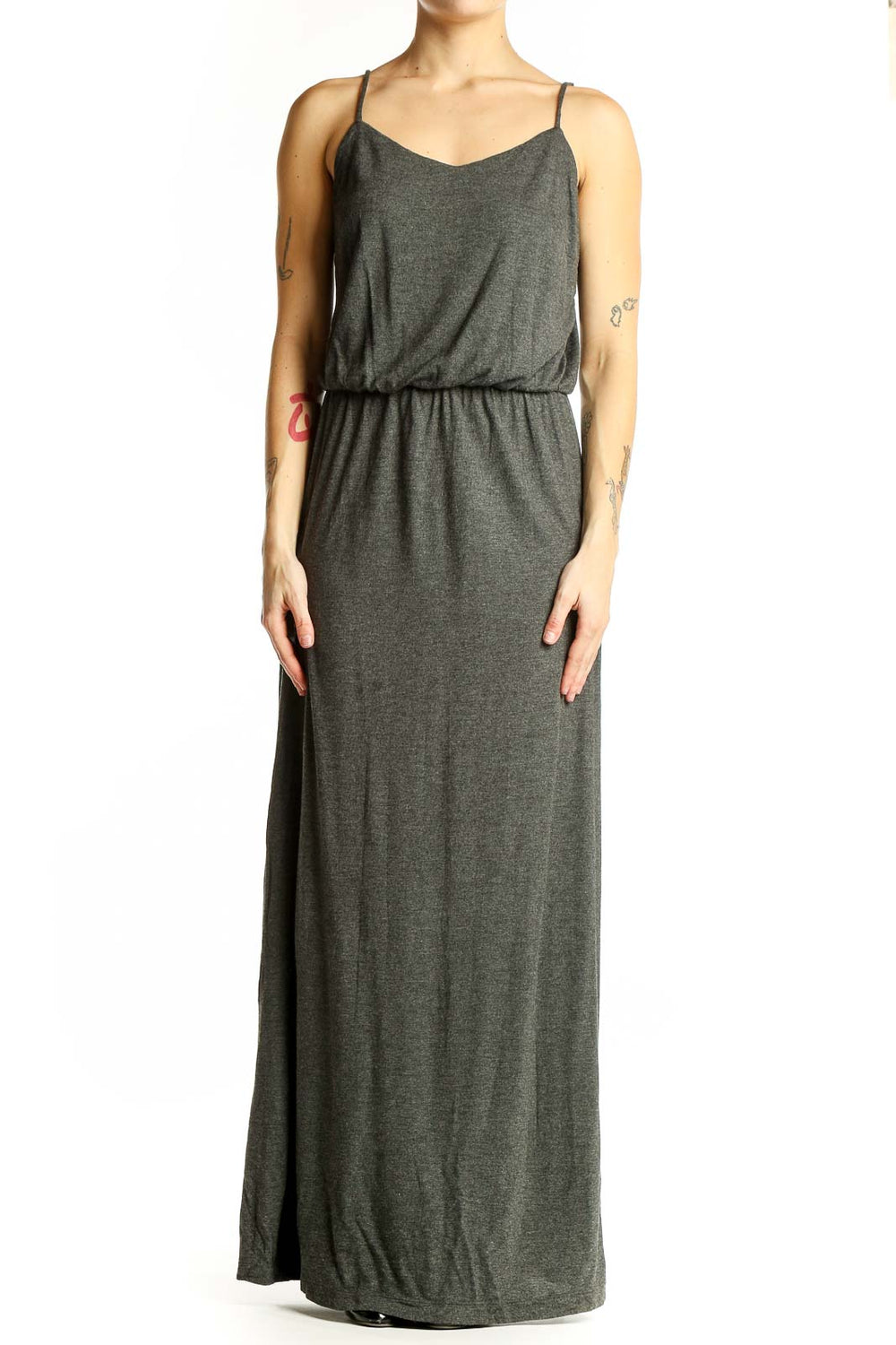Front view of charcoal gray Gap rayon maxi dress with spaghetti straps