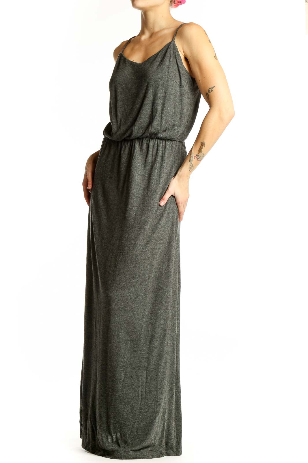Front view of charcoal gray Gap rayon maxi dress with spaghetti straps