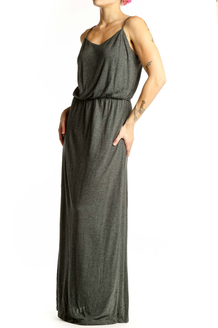 Front view of charcoal gray Gap rayon maxi dress with spaghetti straps