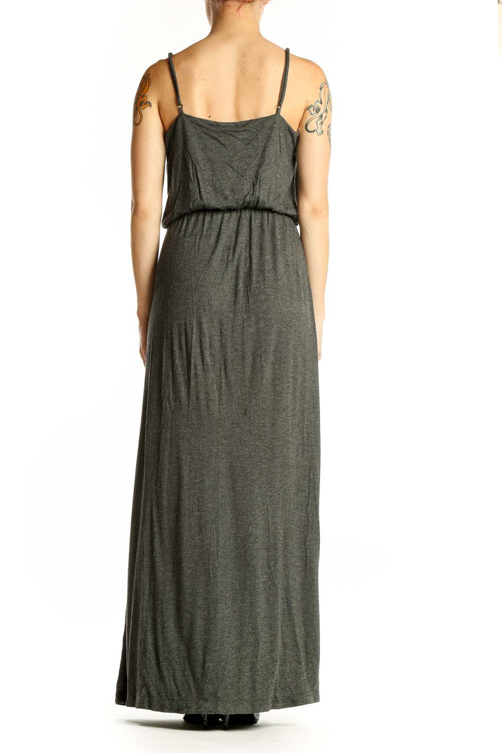 Side view of charcoal gray Gap rayon maxi dress showing full length