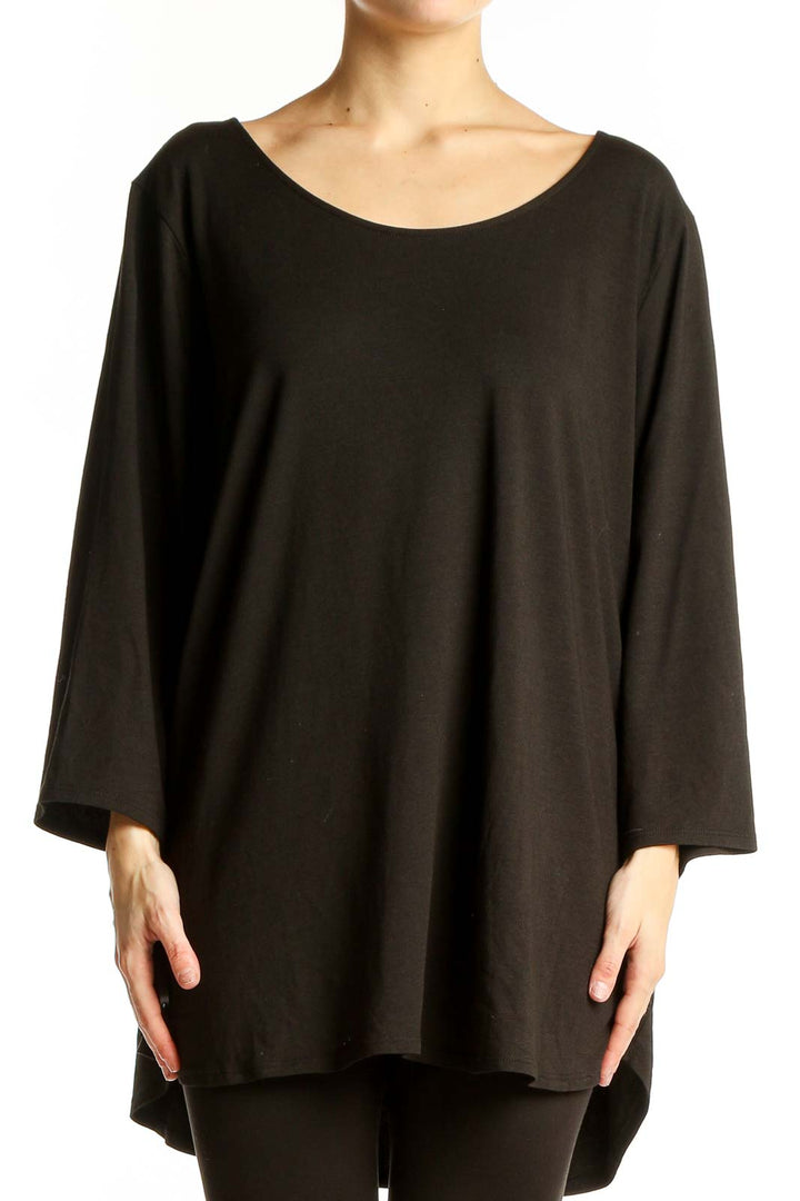 Front view of black Tahari oversized top with scoop neckline