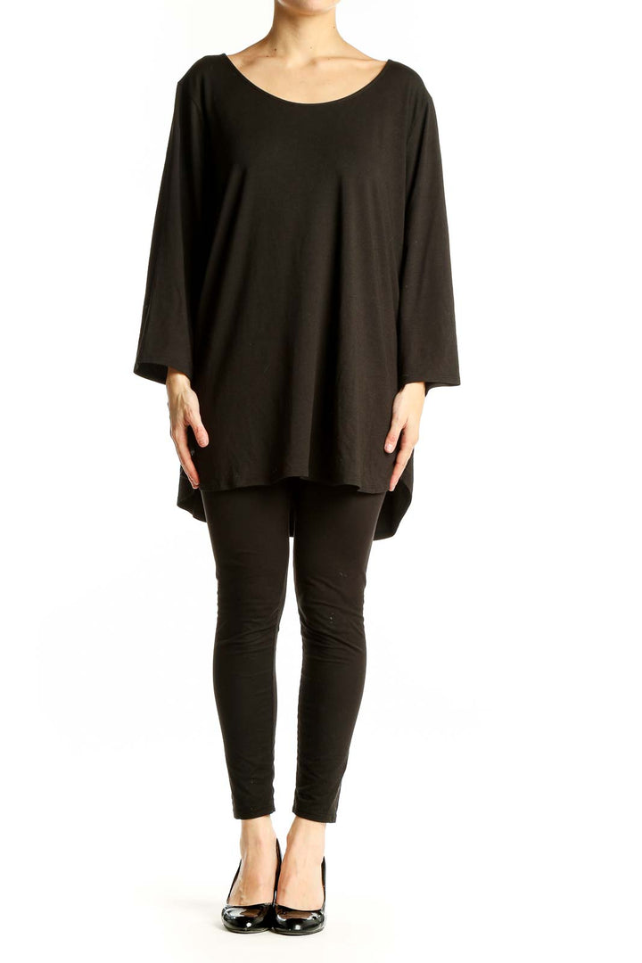 Front view of black Tahari oversized top with scoop neckline