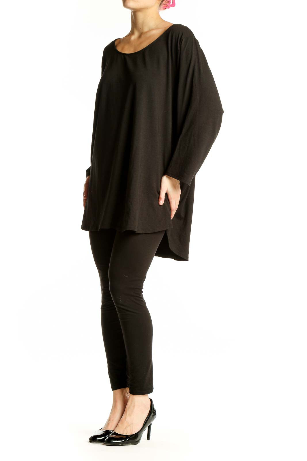 Front view of black Tahari oversized top with scoop neckline