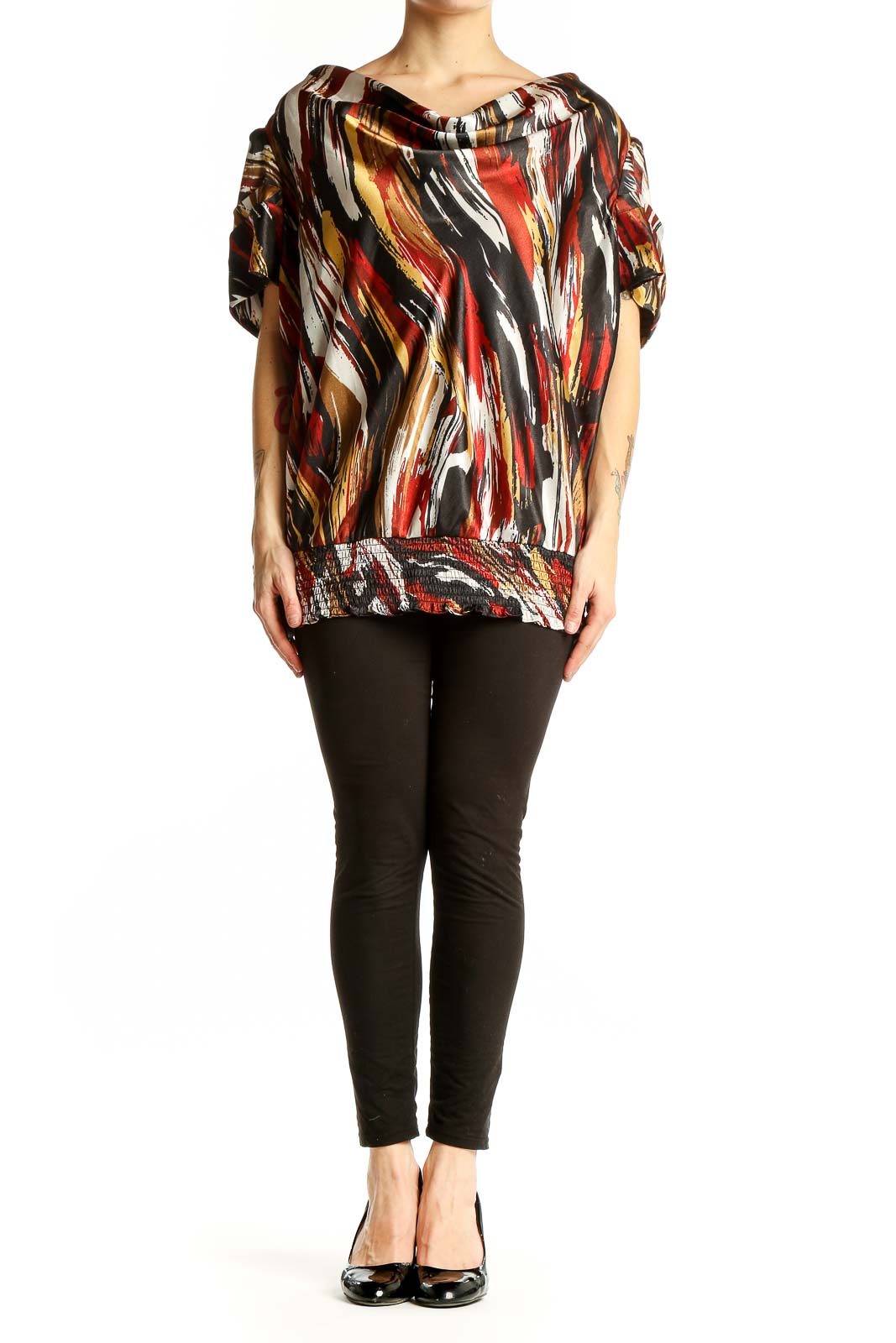 Front view of Ashley Stewart Multicolor Abstract Print Cowl Neck Top