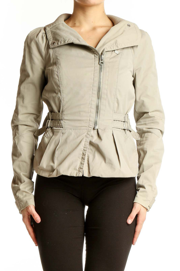 Front view of Armani Exchange beige zip-up peplum jacket