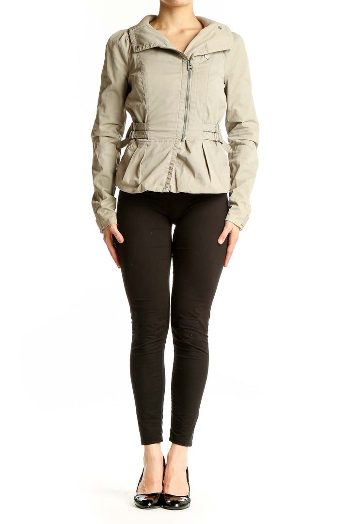 Front view of Armani Exchange beige zip-up peplum jacket