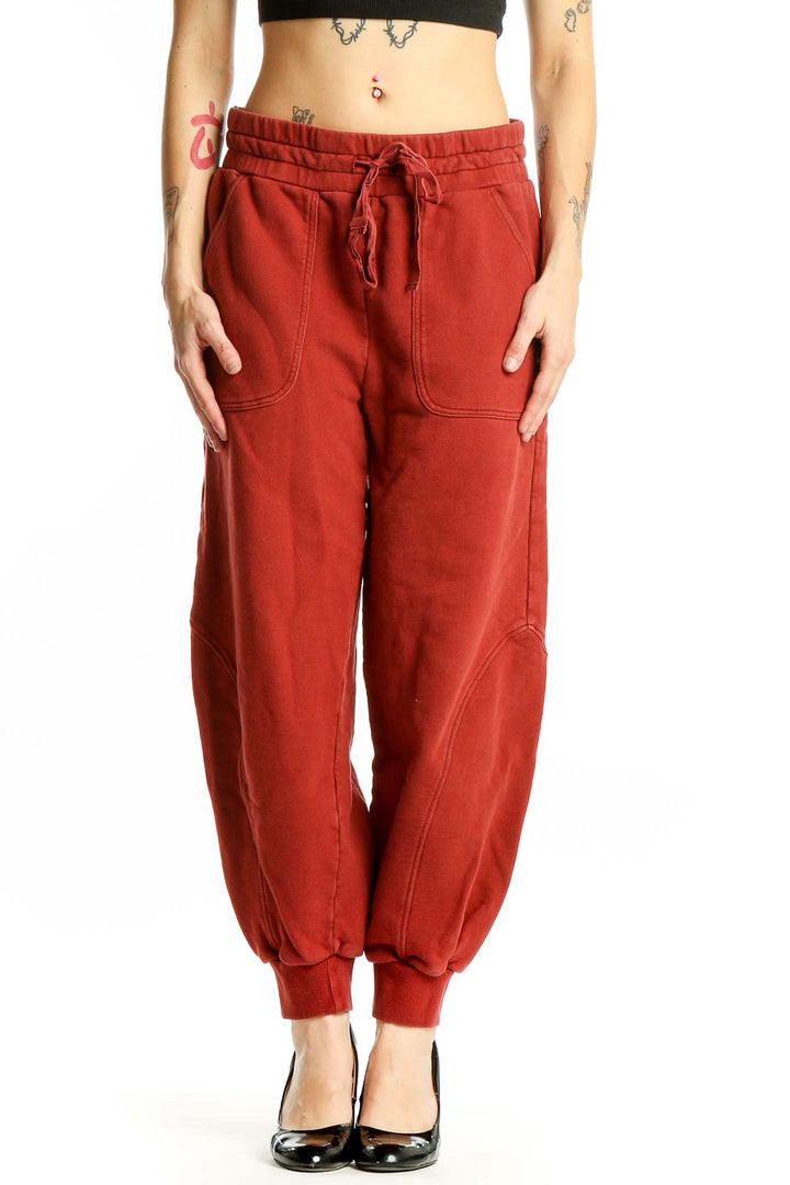 Front view of red cotton jogger pants from Soft Joie