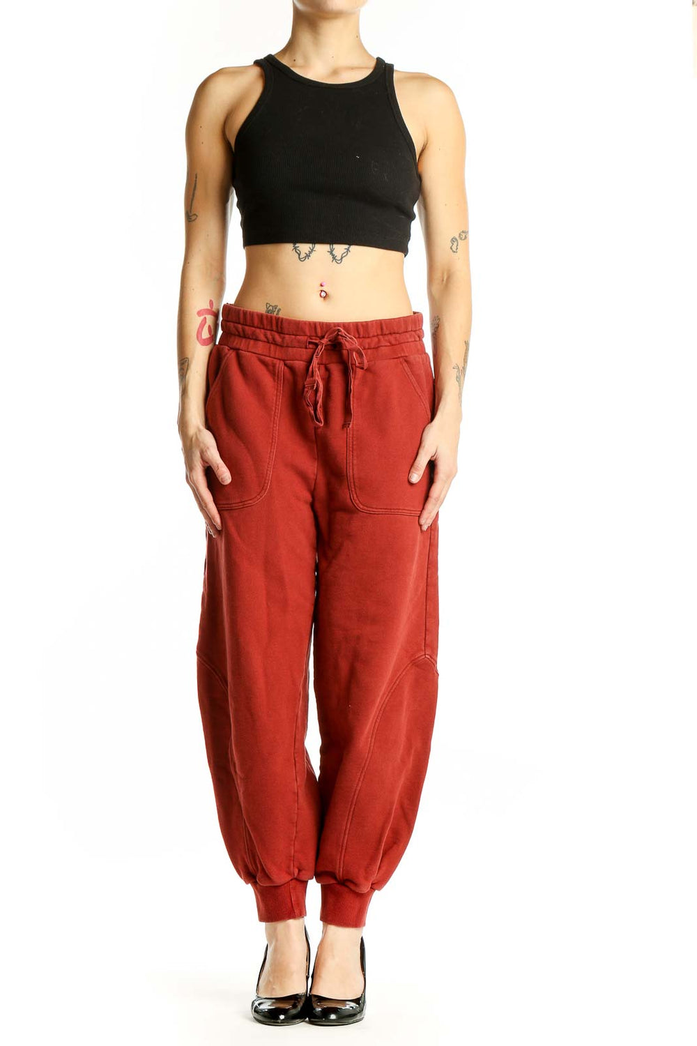 Front view of red cotton jogger pants from Soft Joie