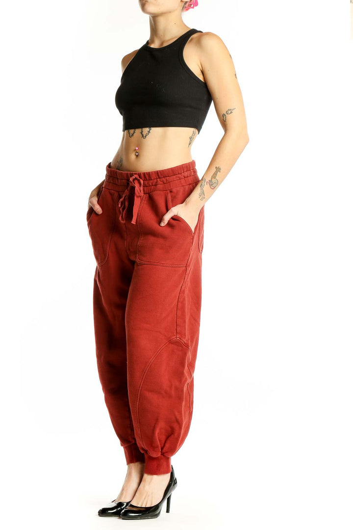 Front view of red cotton jogger pants from Soft Joie