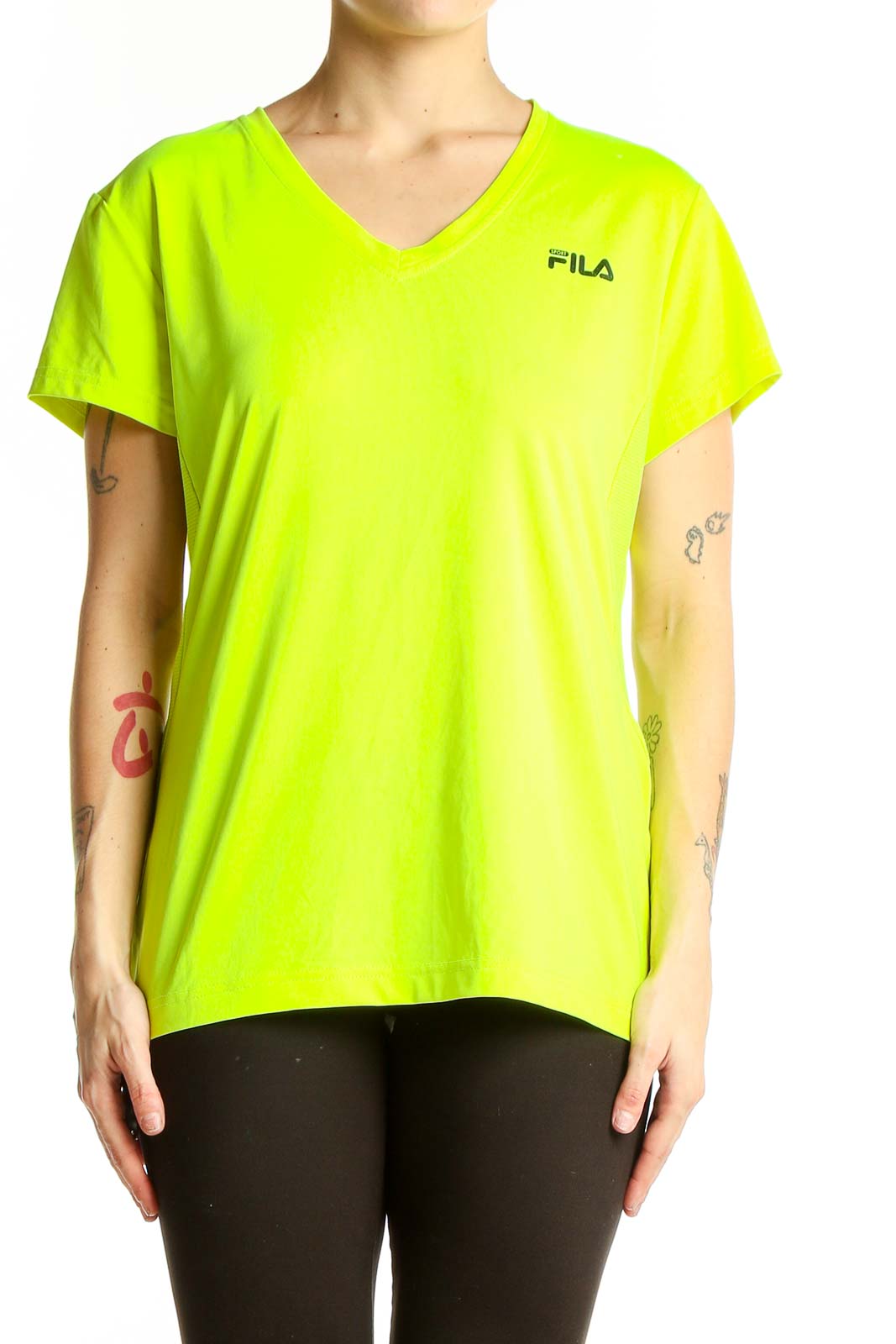 Front view of neon yellow Fila V-neck athletic top