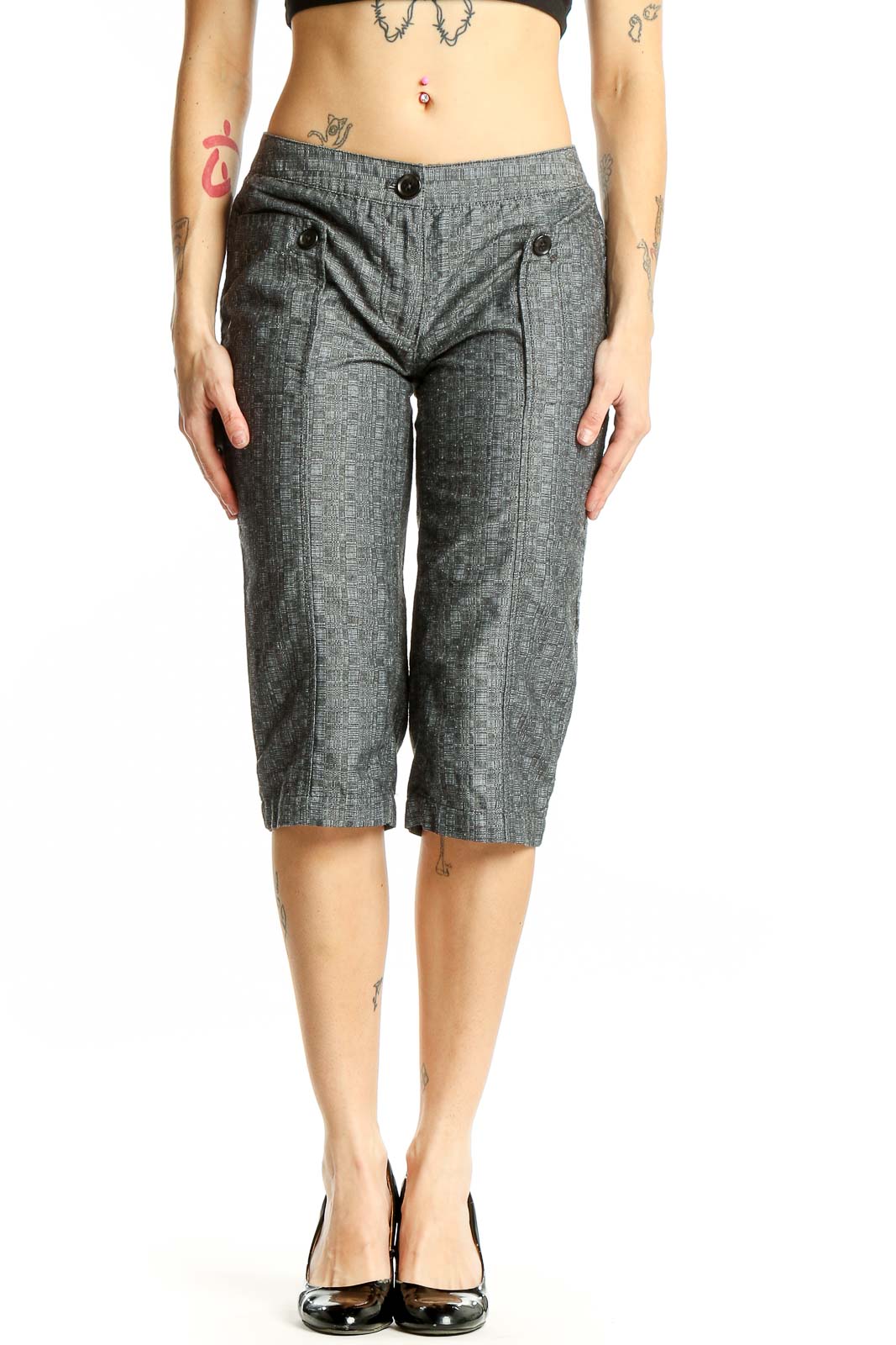 Front view of gray pinstriped capri pants by Derek Lam
