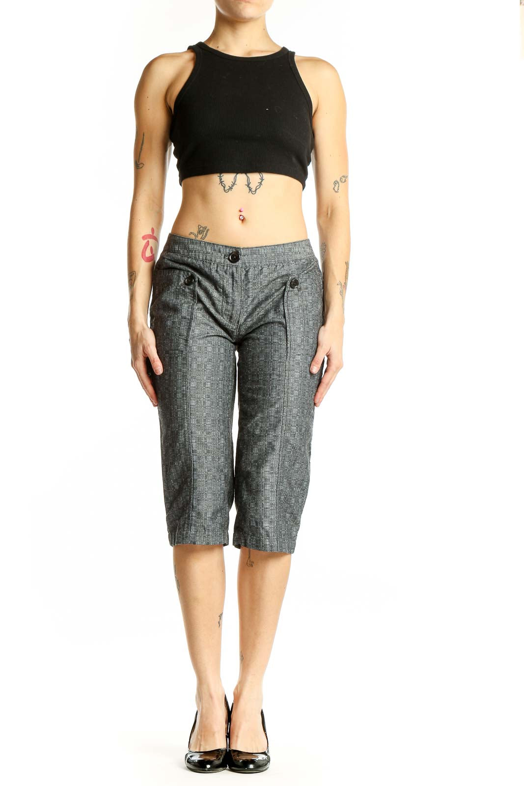 Front view of gray pinstriped capri pants by Derek Lam