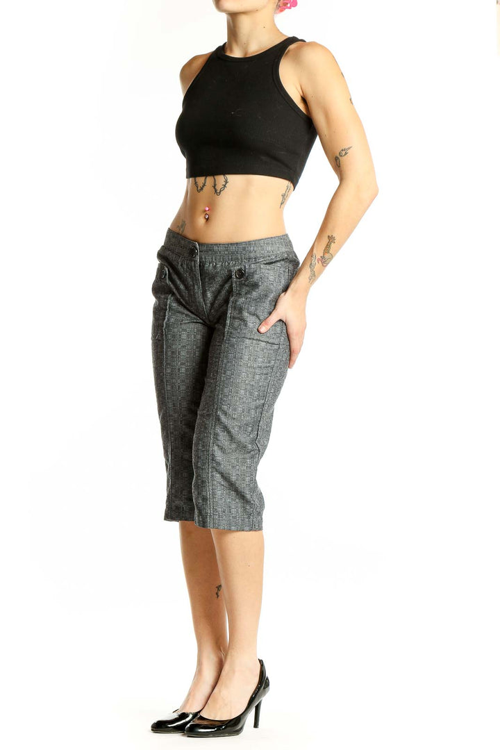 Front view of gray pinstriped capri pants by Derek Lam