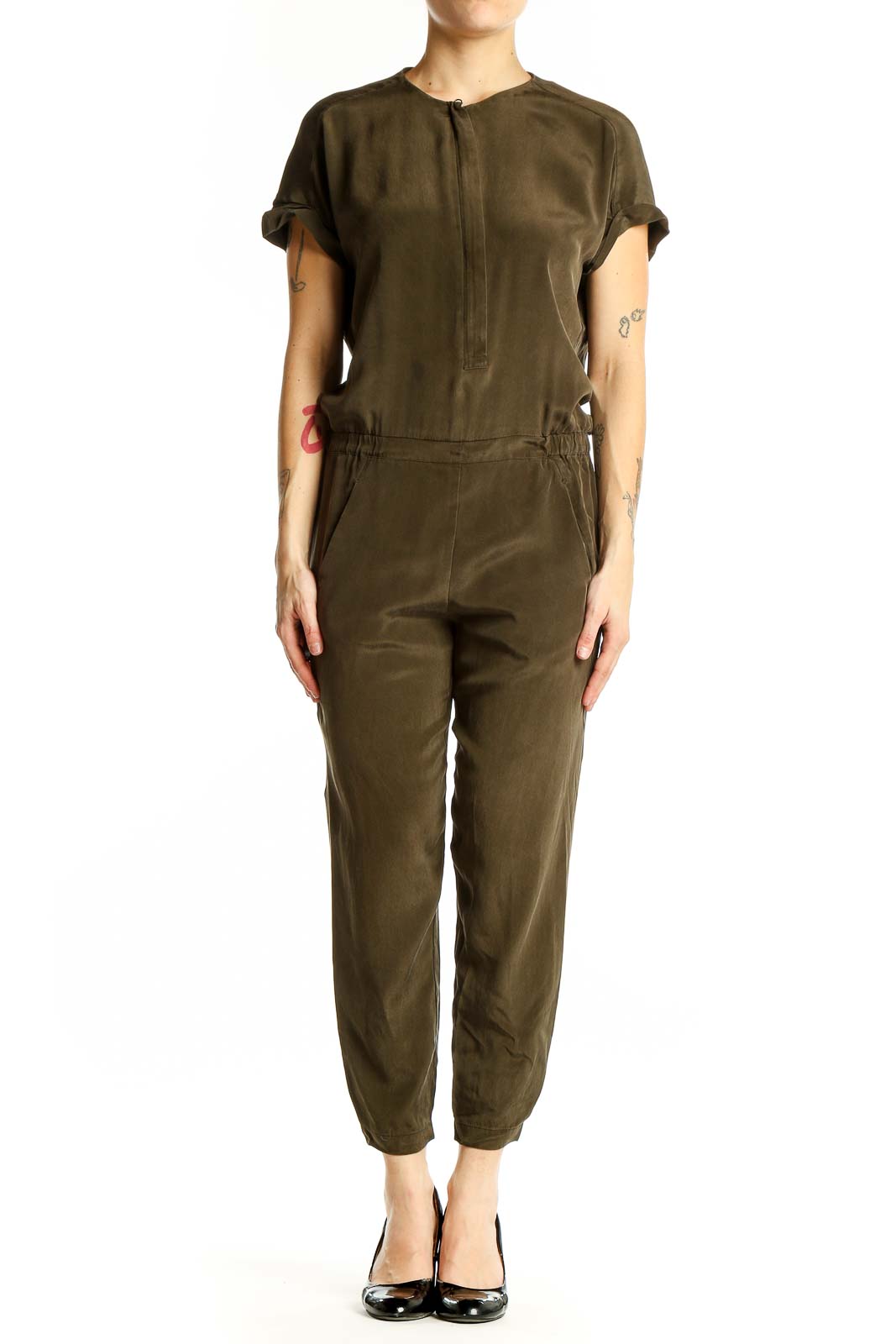 Front view of olive green Vince jumpsuit with half-zip closure