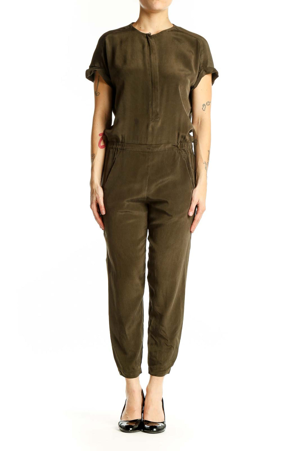 Front view of olive green Vince jumpsuit with half-zip closure