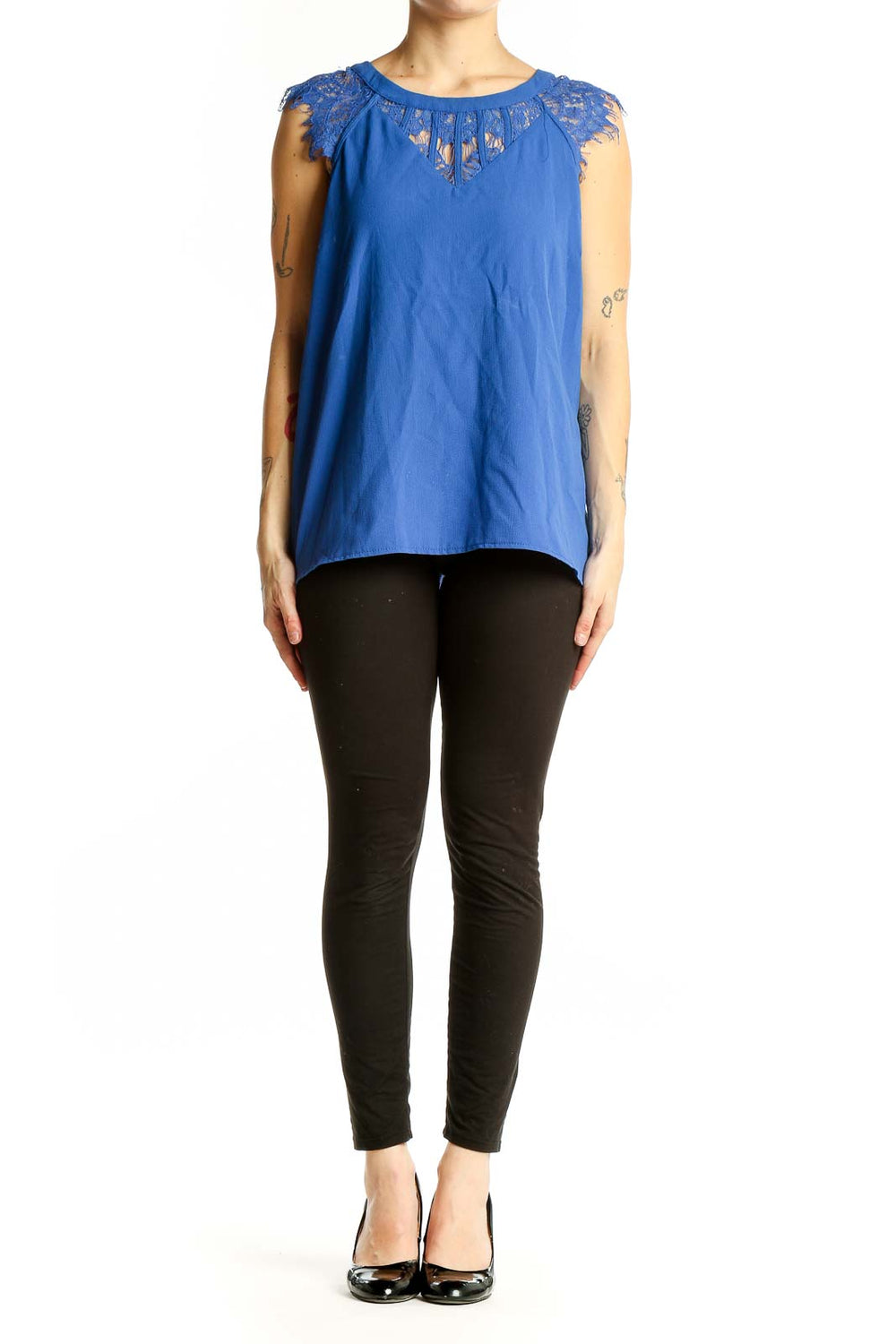 Front view of Brixon Ivy blue sleeveless blouse with lace trim