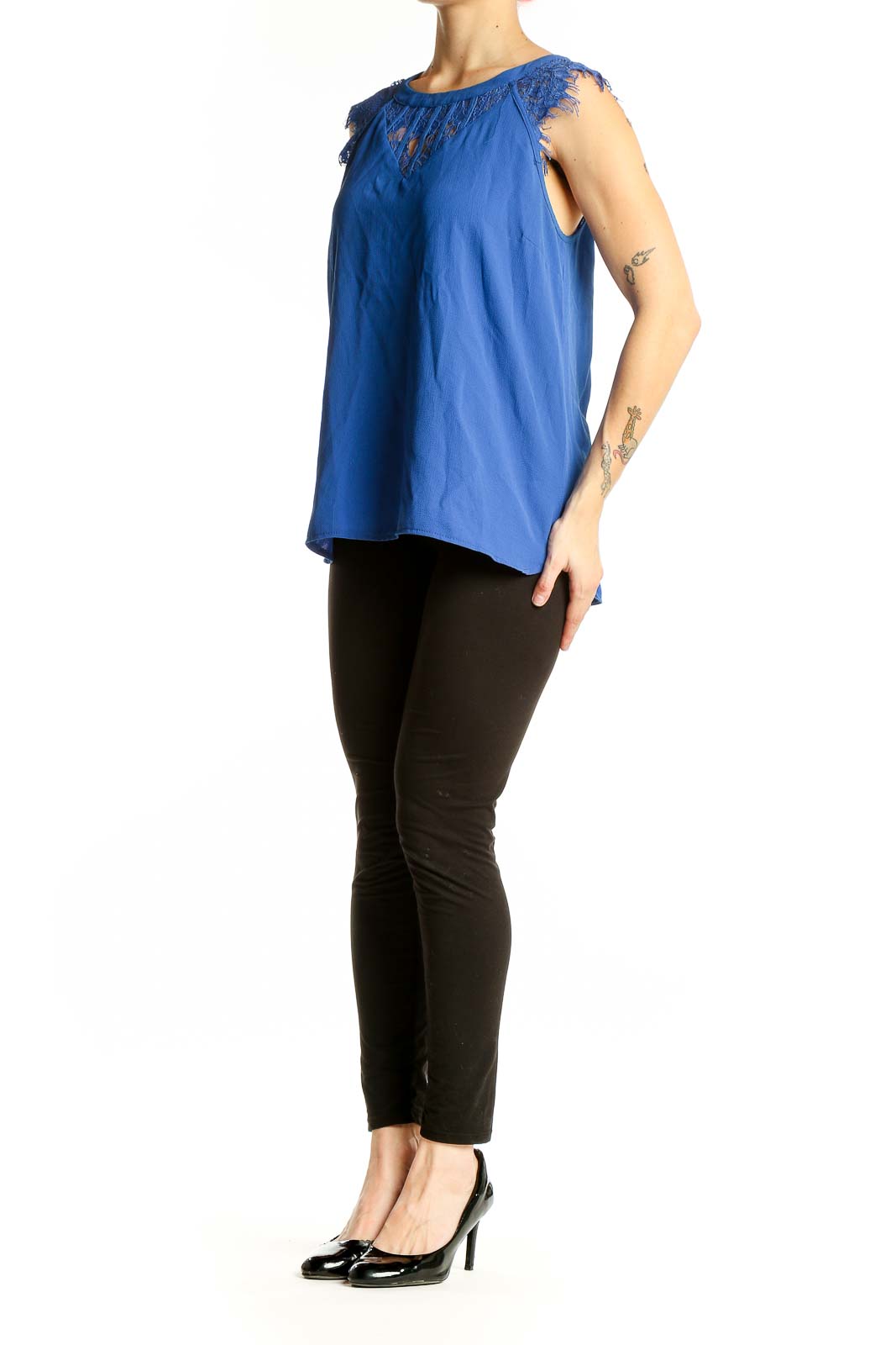Front view of Brixon Ivy blue sleeveless blouse with lace trim