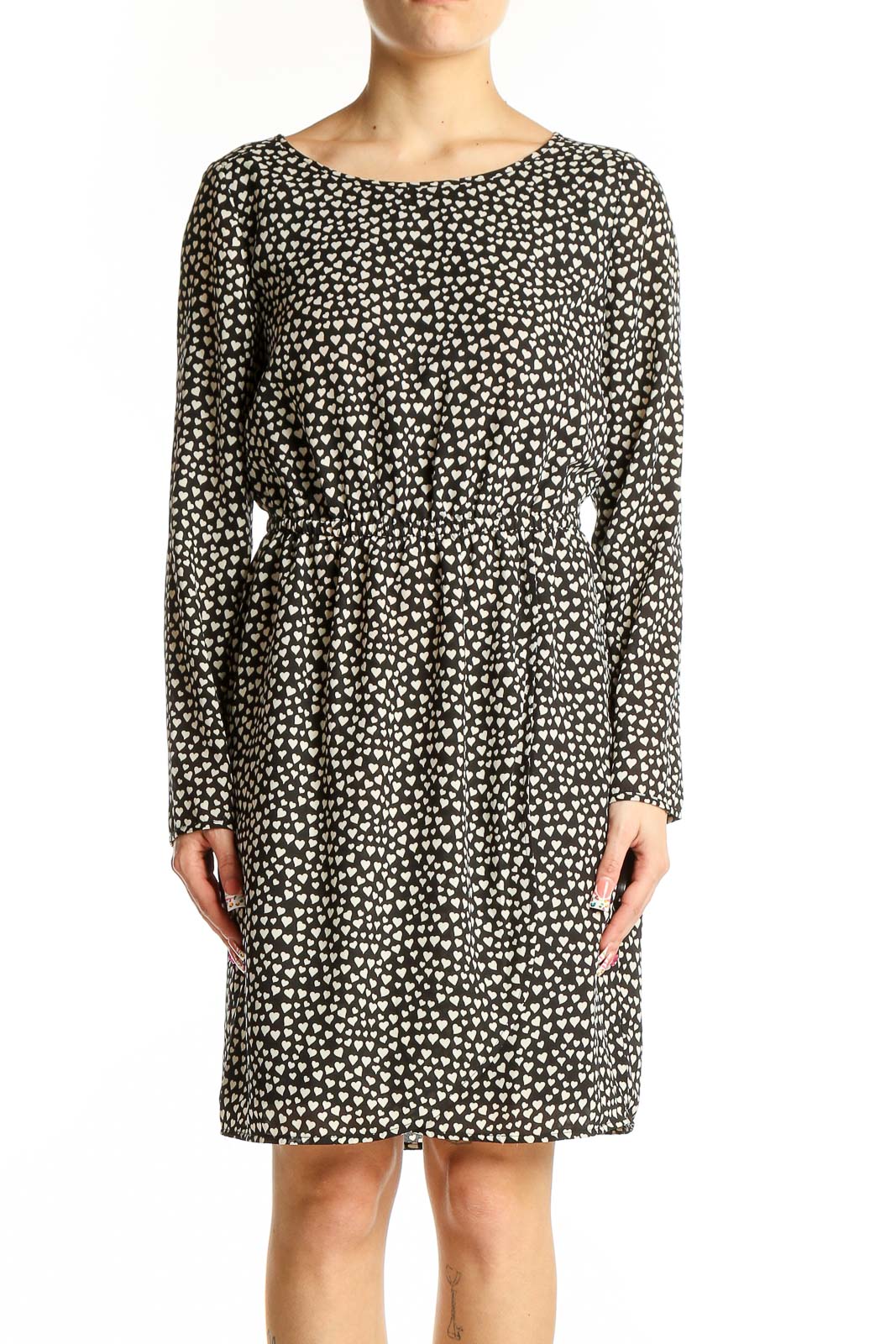 Front view of J.Crew Mercantile black polka dot long sleeve dress