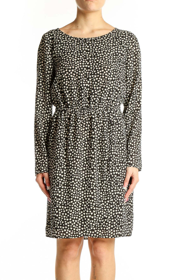 Front view of J.Crew Mercantile black polka dot long sleeve dress