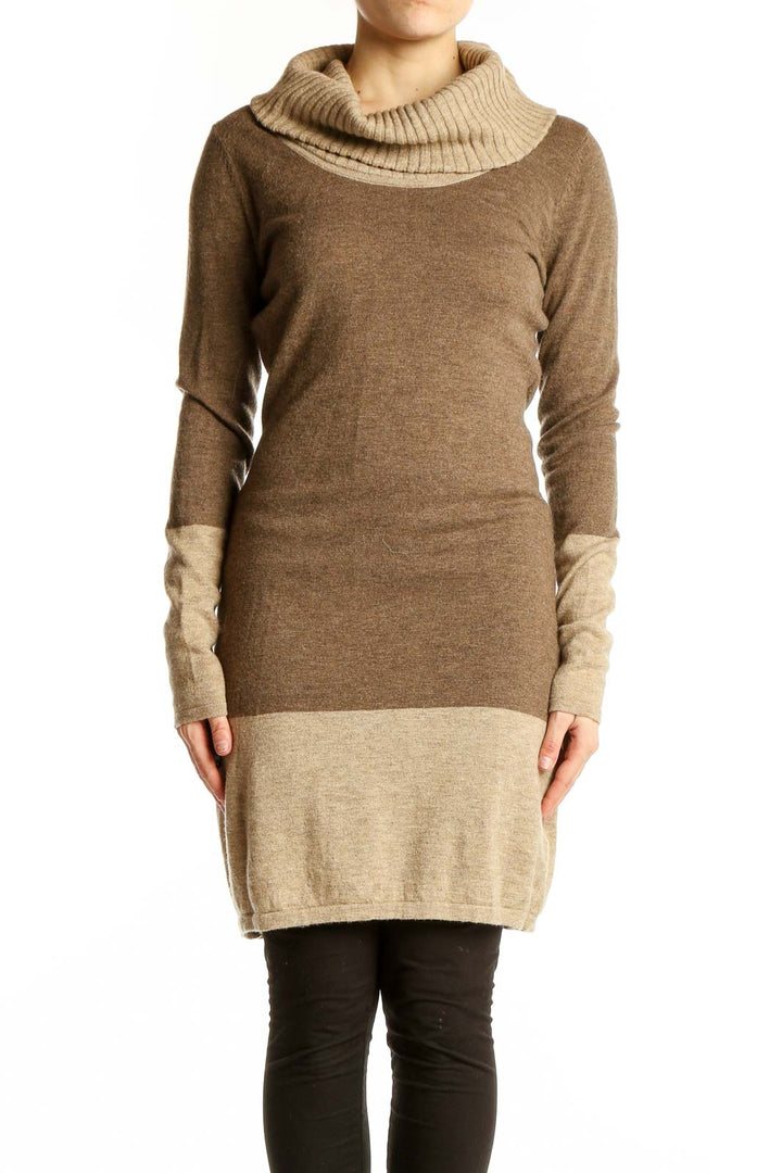 Front view of Athleta brown Merino wool cowl neck sweater dress with color-block design