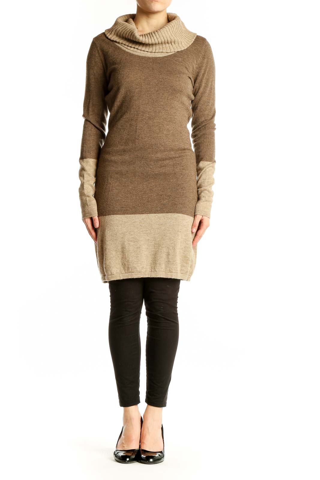 Front view of Athleta brown Merino wool cowl neck sweater dress with color-block design