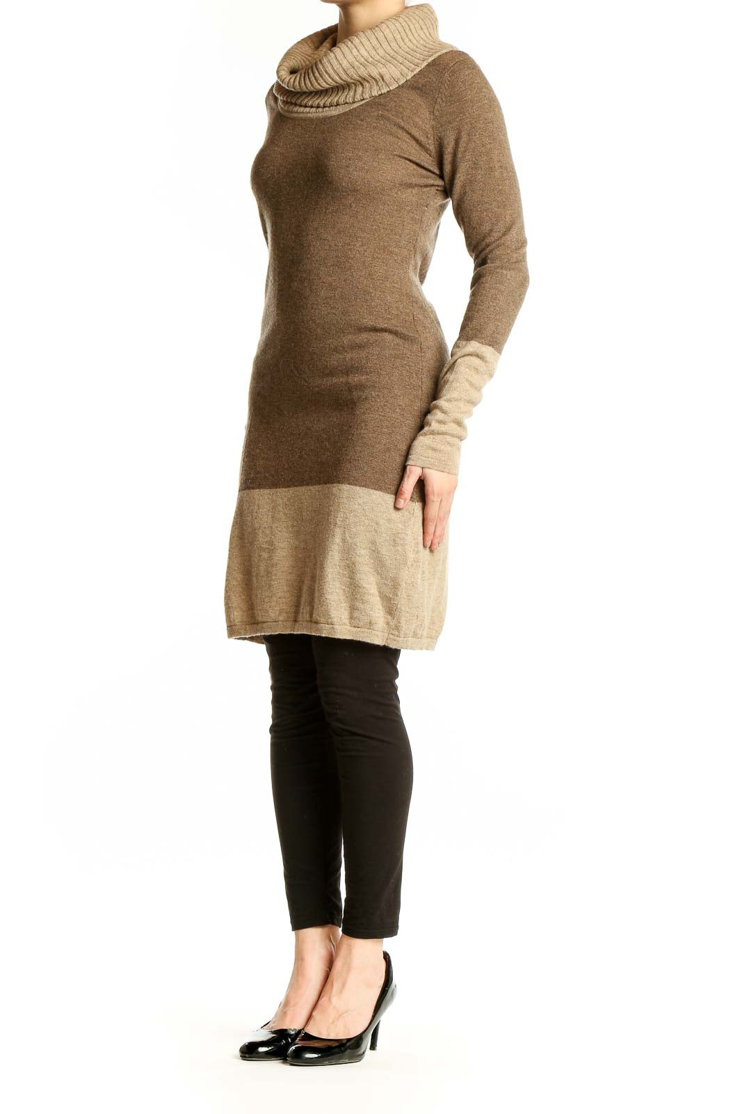 Front view of Athleta brown Merino wool cowl neck sweater dress with color-block design