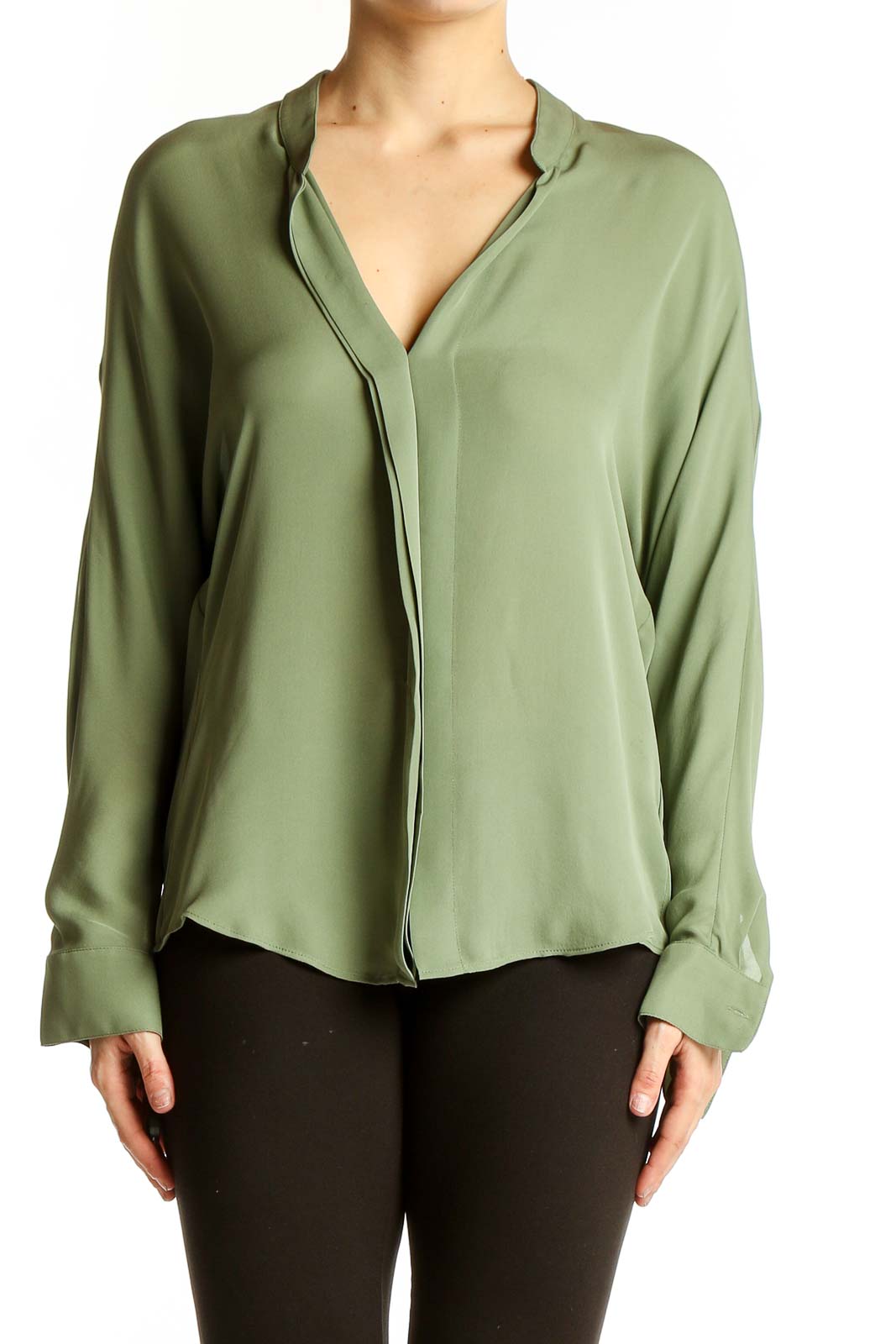 Front view of Vince sage green silk V-neck blouse