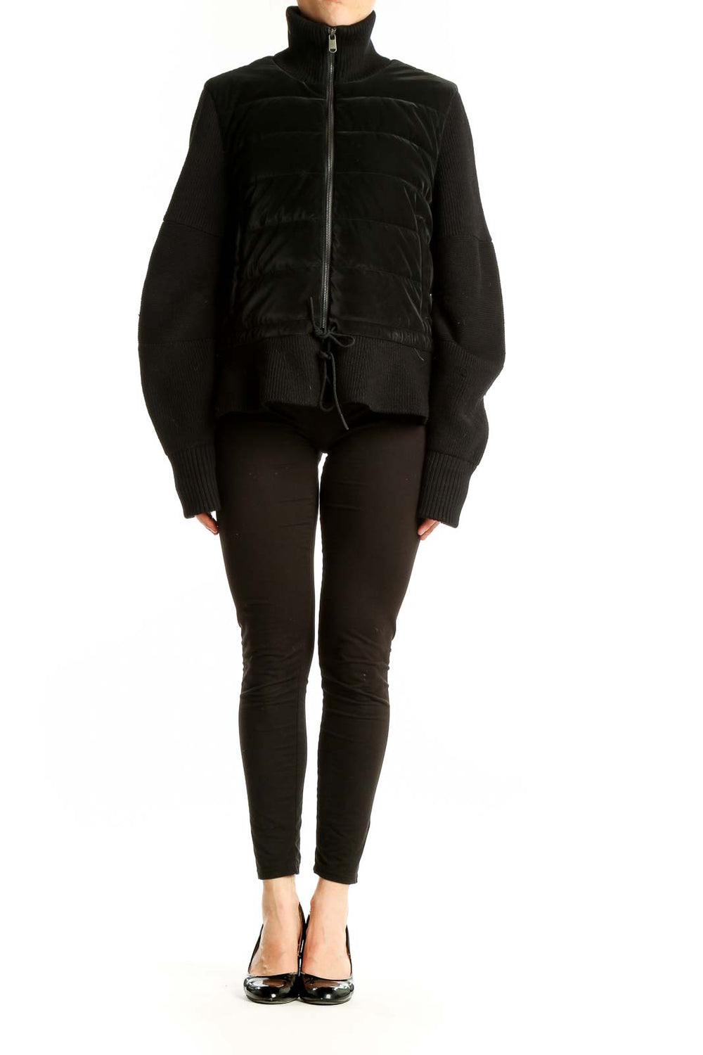 Front view of black quilted Athleta jacket with full-zip and turtleneck
