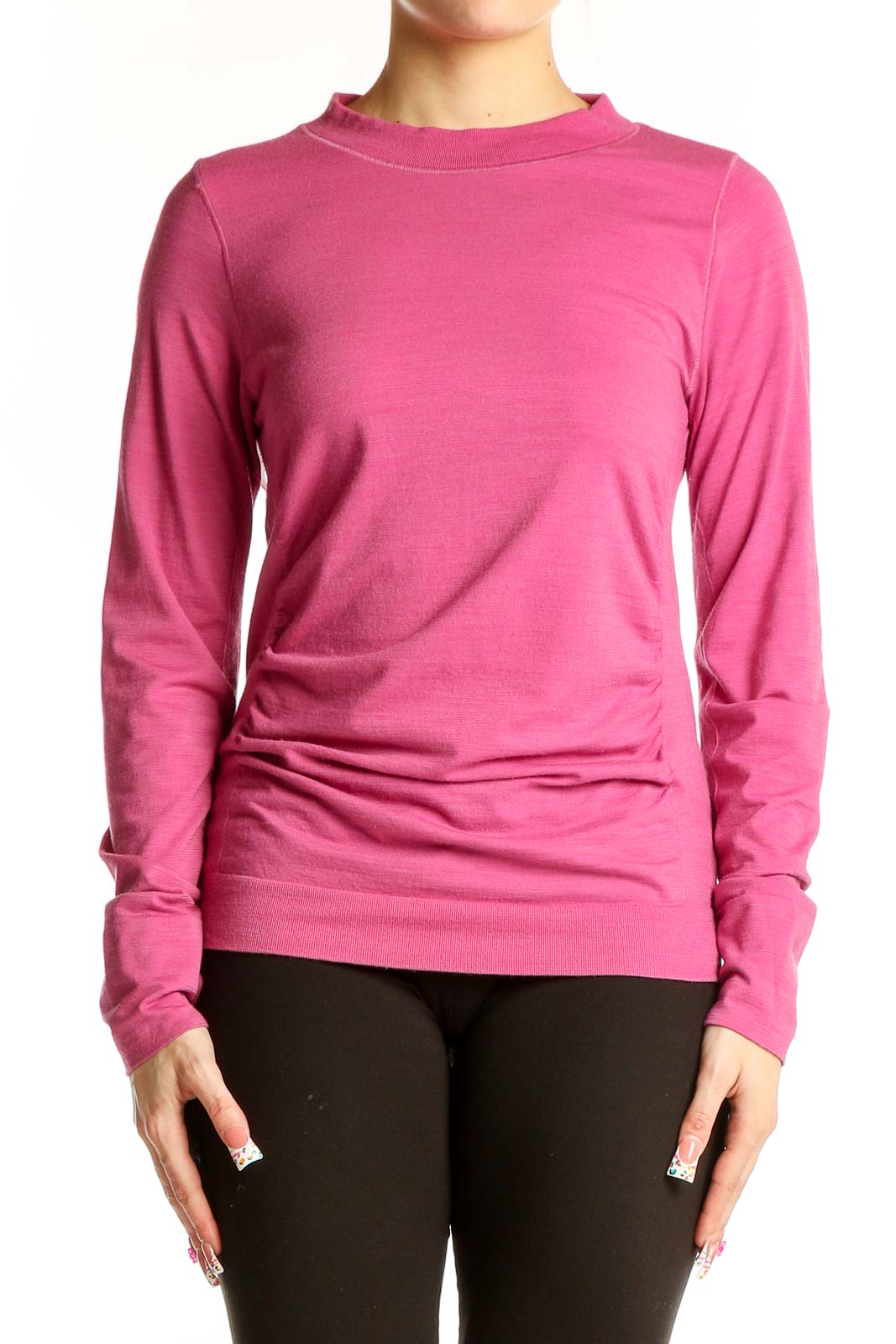 Front view of pink Athleta athletic top with long sleeves