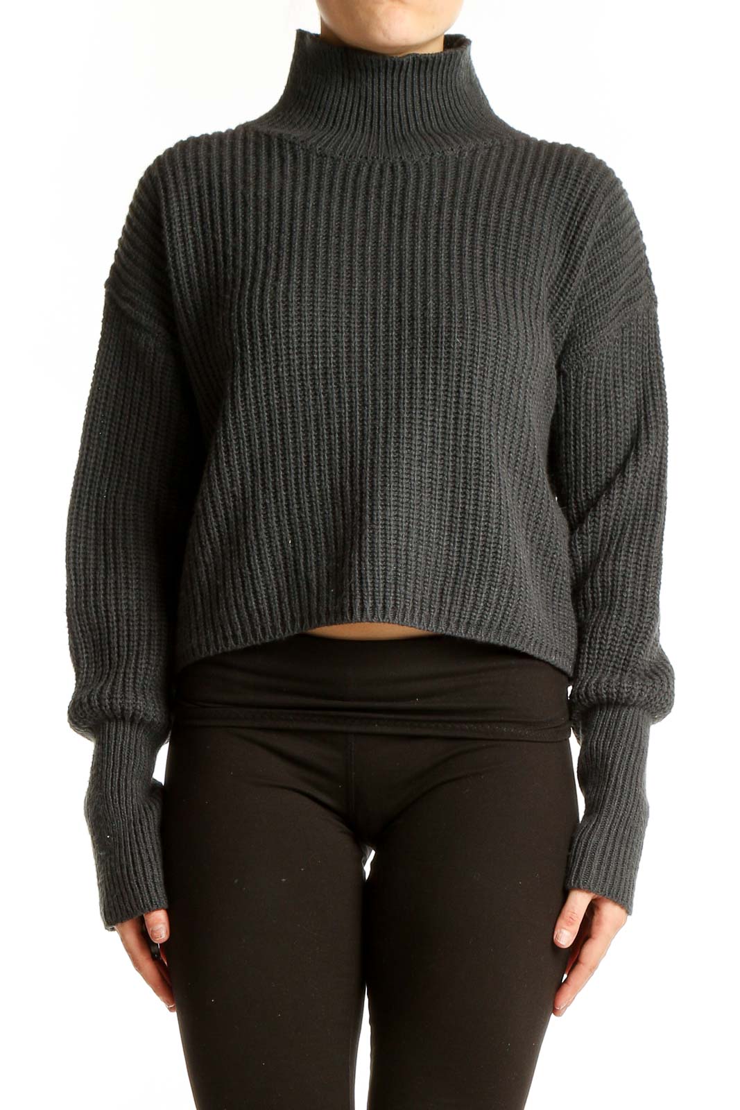 Front view of charcoal cropped turtleneck sweater with ribbed texture