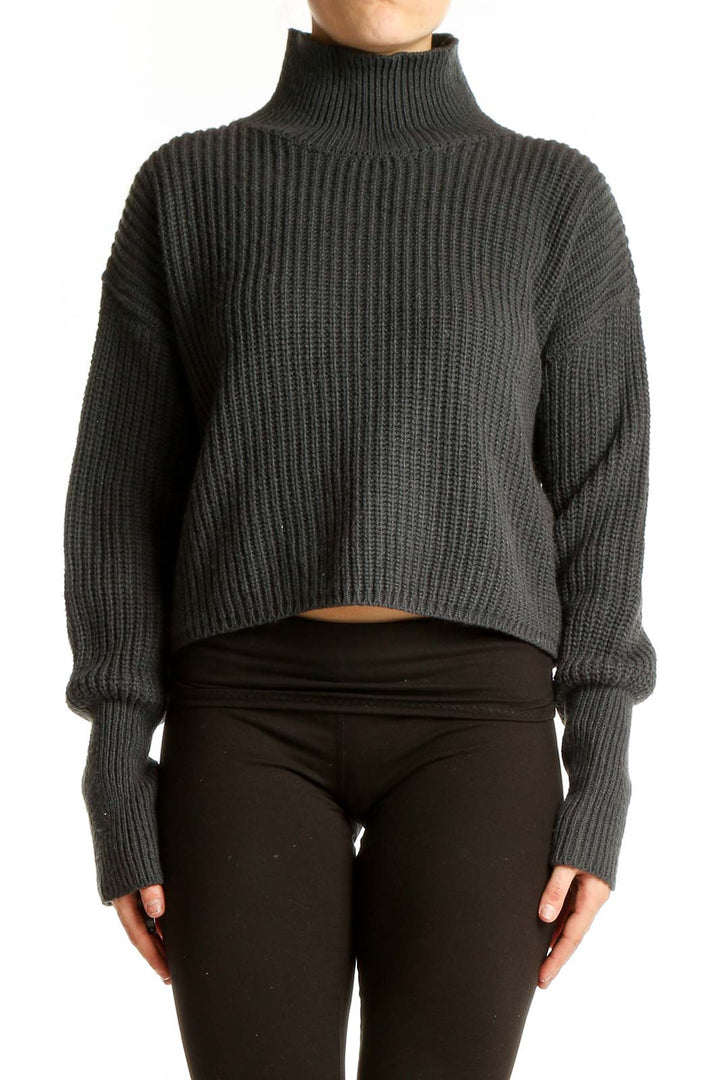 Front view of charcoal cropped turtleneck sweater with ribbed texture